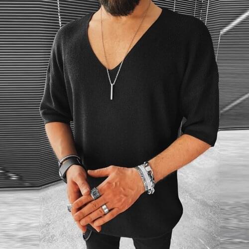 2021 Men Autumn Casual Loose Sweaters Jumper Summer Short Sleeve V-neck Knit Sweater Solid Male Fashion Tops Pullover Streetwear