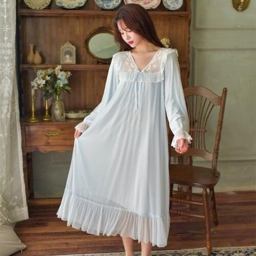 Soft Modal Womens Lace Long Nightgowns Vintage White Lace Princess Long Sleeve Long Sleepwear Solid Color Nighty Spring Autumn