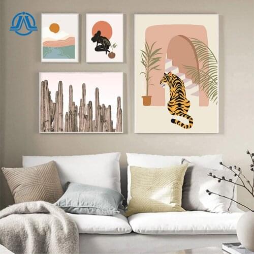 Boho Style Canvas Painting Sunset Landscape Tiger Posters And Prints Wall Art Abstract Woman Picture For Living Room On The Wall