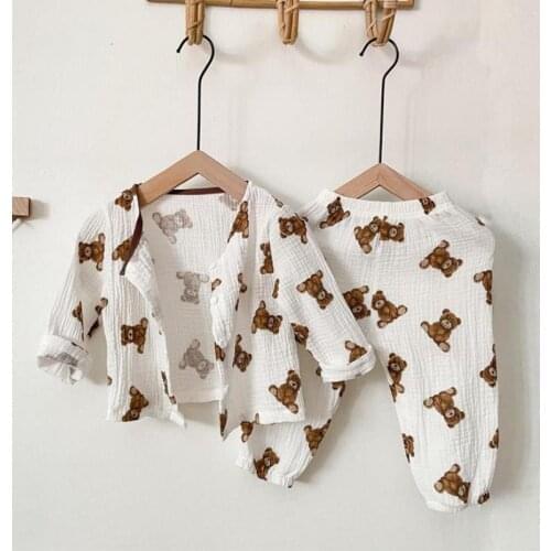 2021 Autumn New Children Long Sleeve Cardigan Set Baby Boy Bear Print Clothes Set Kids Girls Casual Pants Suit Toddler Outfits