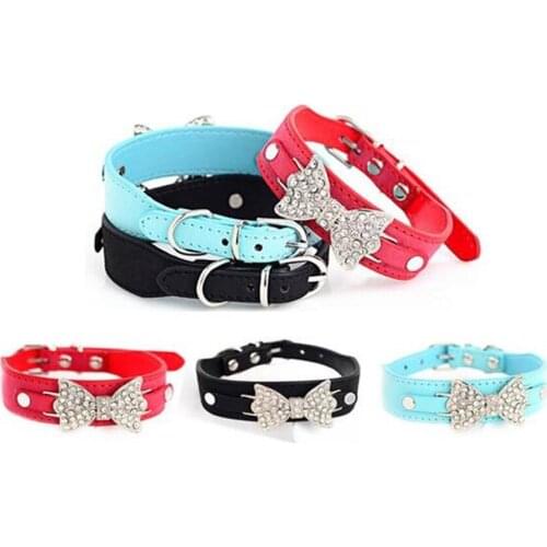 Dog Collar Bling Crystal Bow Leather Pet Collar Puppy Choker Cat Necklace XS S M Mix Colors Pet Collars Free Shipping