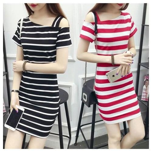 Incline Shoulder Stripe Dress Slim Suspenders with A Word Collar Fashion Sexy Top Summer Woman T-shirt Dress