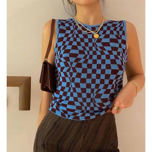 Unaiza Plaid Printed Y2K Knitted Womens Tank Tops Summer Harajuku Vintage Crop Tee Streetwear Aesthetic Cute Shirts 2021
