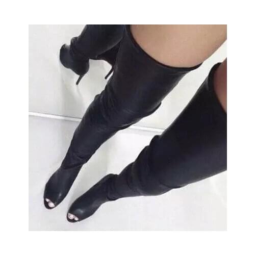 2021 Summer woman brand new stylish high quality leather thigh high boots sexy open toe high heel boots long boots