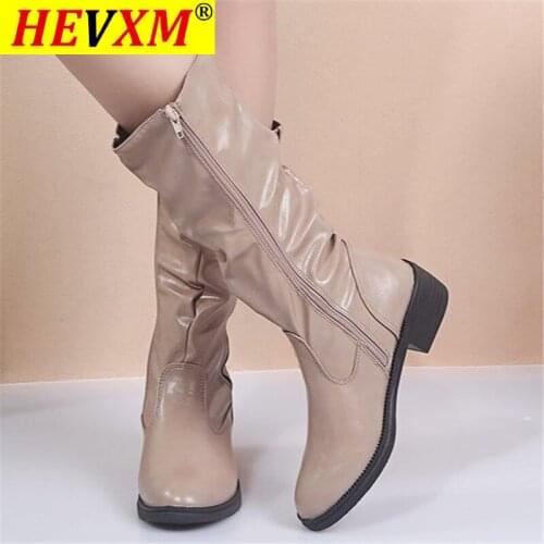 2020 Women Winter Mid-Calf Boots Fashion PU Leather Boots Zipper Warm Mid-calf Boots for Women Shoes Mid Heel Boots Botas Mujer
