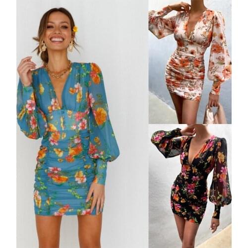 Floral print plus size long sleeve chiffon dress Female slim elegant boho dresses Women v neck bodycon short summer beach dress
