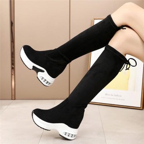 Winter Warm Chunky Platform Long Boots Women Fashion Lace Up Flock Knee High Boots Woman Height Increasing Elastic Boots Black