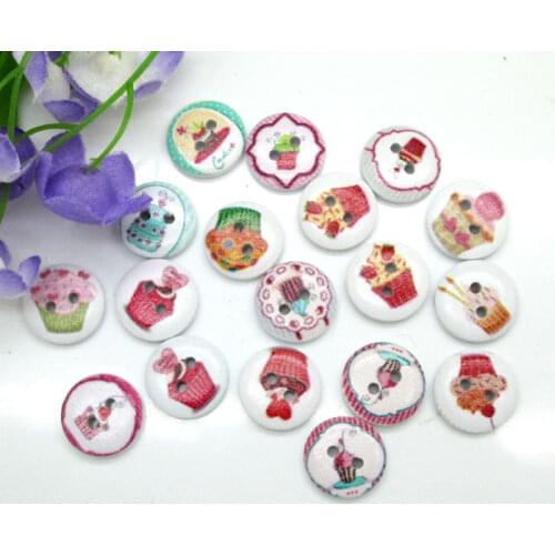 100pcs 15mm Mixed White Round Dessert Cup Cake Pattern Wooden Buttons For Clothes Crafts Sewing Scrapbooking DIY Accessories