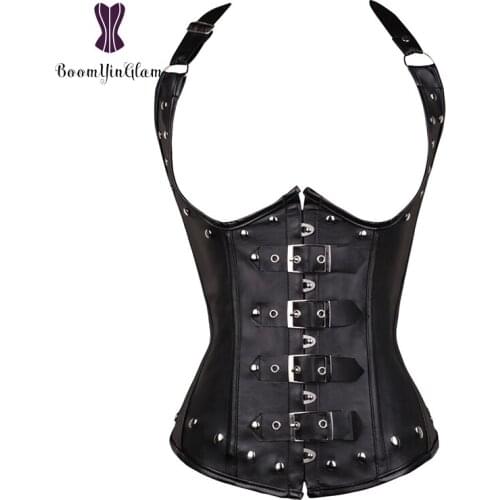 Wholesale Leather material halterneck slimming tummy shapewear waist cincher shaper bodysuit spiral steel boned corset 828
