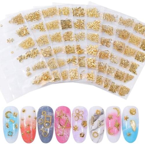 1Pack Mixed 3D DIY Hollow Metal Frame Nail Art Decorations Flower Shell Star Gold Rivets Metallic Studs DIY Manicure Accessories