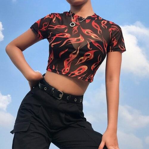 Womens Mesh Sheer See-through Crop Tops Round Neck Flame Print Short Sleeve Stretch Bodysuit Shirts korean fashion y2k grunge