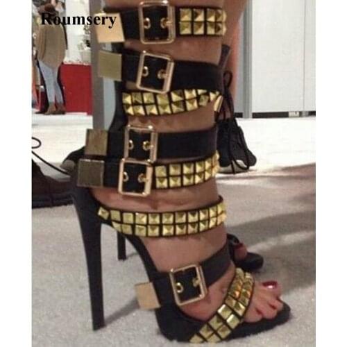 Hot Selling Women Fashion Open Toe Buckle Design Spike Ankle Gladiator Boots Cut-out Ankle Strap Thin High Heel Ankle Boots