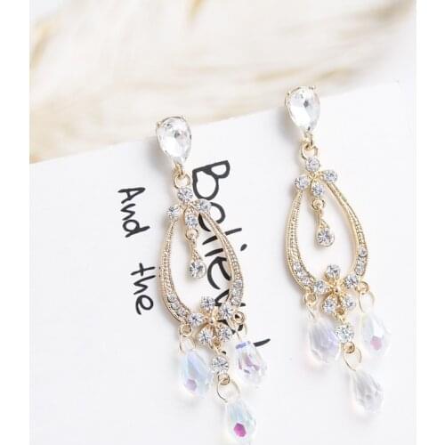 Fashion Hollow Water Drop Shape Rhinestone Flower Long Crystal Tassel Pendant Earrings for Women New Jewelry Brincos 6B3011