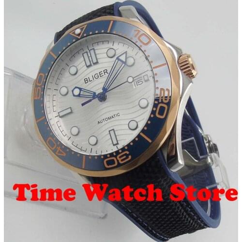 Bliger 41mm Miyota 8215 Automatic Mens WristWatch Sapphire Glass Date Display Silver Dial Luminous Ceramic Bezel Rubber Band