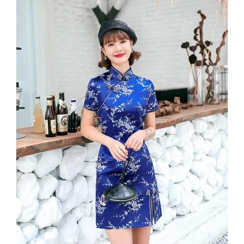 Plus Size 3XL Flower Prom Vestidos Sexy Slim Mini Women Qipao Vintage Classic Evening Cheongsam Exquisite Satin Chinese Dress