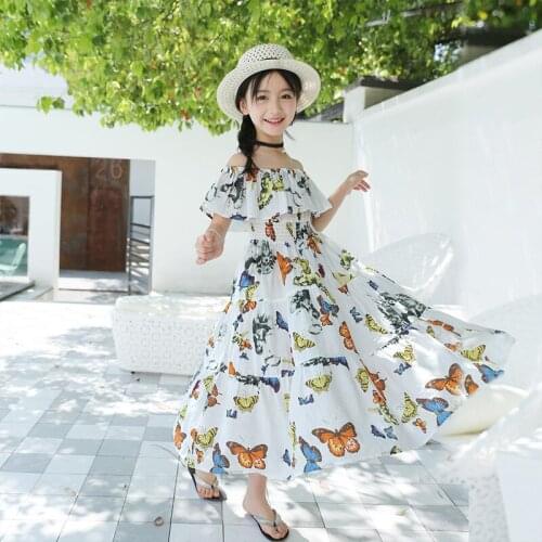 New Girl Dress 2021 New Summer Broken Waist Butterfly Print Children Holiday Cotton Dress Teen Bohemian Dress Beach,#6142