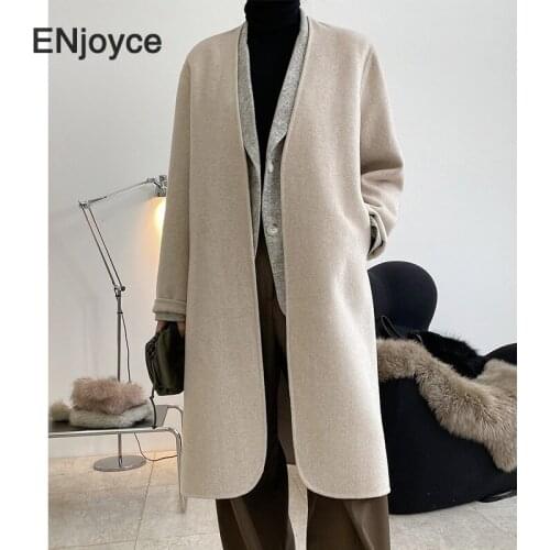 Winter New Collarless Wool Cashmere Long Overcoat Retro Double-Sided Woolen Plush Cardigan Trench Coat Women Chic Outerwear
