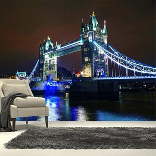 Custom 3D large mural, London Bridge under the beautiful lights at night ,living room sofa TV wall bedroom wall paper
