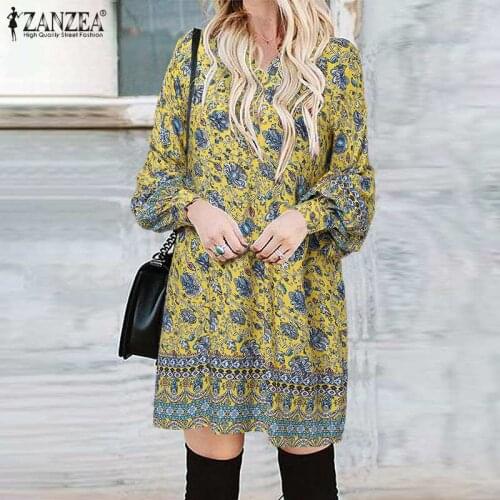 Women Fashion Bohemian Short Dress ZANZEA Summer Holiday Puff Sleeve Sundress V Neck Casual Vestidos Floral Printed Robe Kaftan