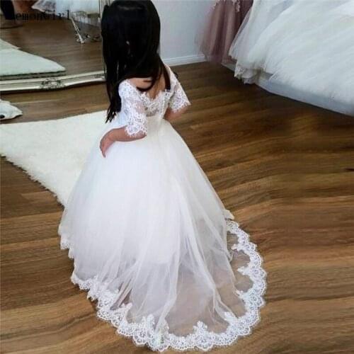 Stunning First Communion Dresses for Girls Off Shoulder Lace Half Sleeves Tulle Pageant Dresses for Girls
