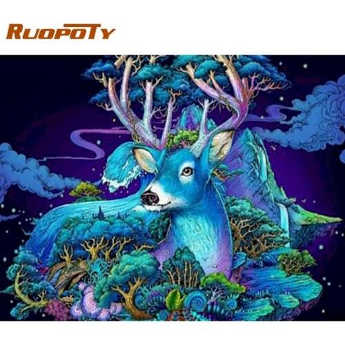 RUOPOTY Blue Sika Deer Animal Picture By Number DIY Framed Painting By Numbers Coloring On Canvas Living Room Decor Oil Paints