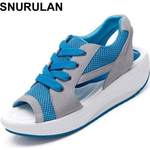 SNURULAN Fashion Summer Womens Sandals Casual Mesh Breathable Shoes Women Ladies Wedges Sandals Lace Platform Sandalias