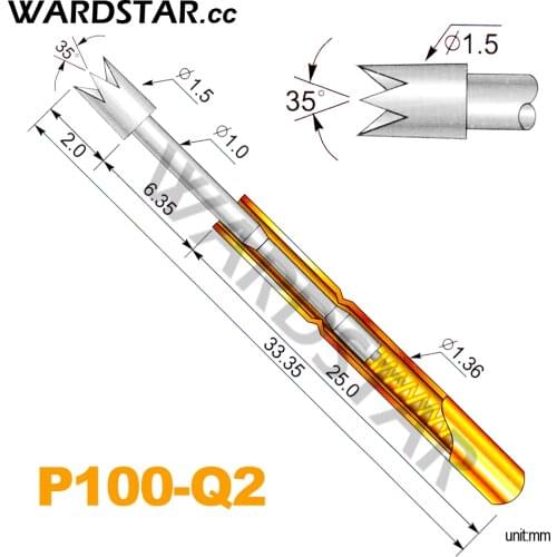 100pcs/lot P100-Q2 Dia 1.5mm Spring Test Probes Pogo Pin Length 33.35mm (Stroke Spring Froce:180g) Wholesale