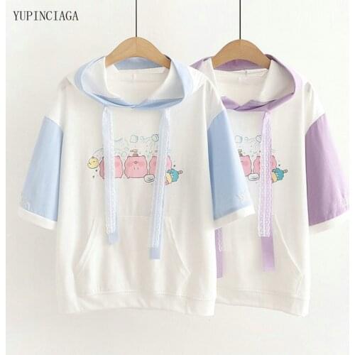 Kawaii Sweet Cartoon Print Hooded Short Sleeve Sweatshirt Hoodies Summer Student Half Sleeve Drawstring Pockets Pullover 2116163