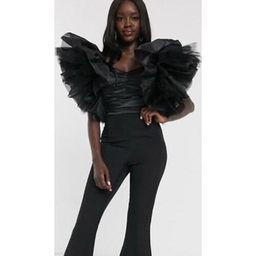 High Street Black Women Tops With Ruffles Tulle Women T-shirt 2020 New Arrival Short Blouse Crop Top Summer