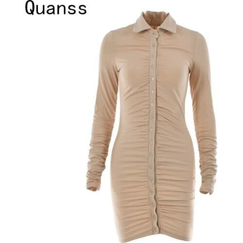Quanss 2021 Spring Autumn Long Sleeve Shirt Dress Women Streetwear Sexy Bodycon Club Outfits Female Solid Ruched Short Dresses