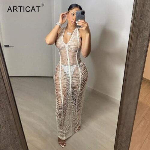 Articat Sexy See Through V-neck Maxi Dress For Women Halter Backless Night Club Dress Summer Ladies Black Slim Vestidos Hot 2021