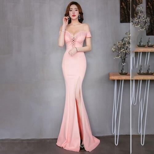 New Floor Length Bridesmaid Evening Dress Long Mermaid Spaghetti Straps Prom Party Dress with High Slit White Backless Gown