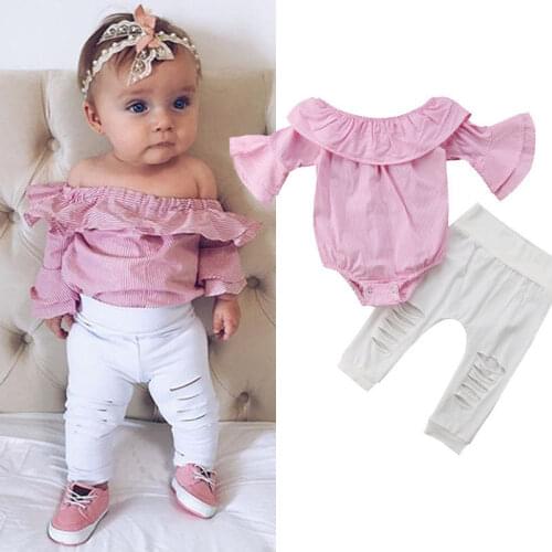 6-18M 2PCS Suit Baby Girls Clothing Set Girls Off Shoulder Romper +White Ripped Jeans Pants Infant Outfits Newborn Clothes Sets