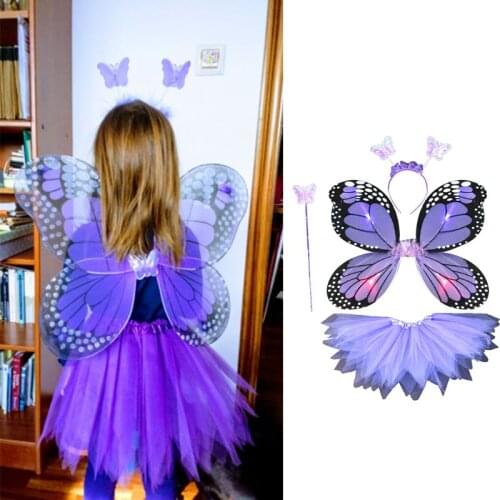 Adult Kids 4Pcs Fairy Costume Set LED Simulation Butterfly Wings Pointed Tutu Skirt Headband Wand Princess Girls Party Dress Up