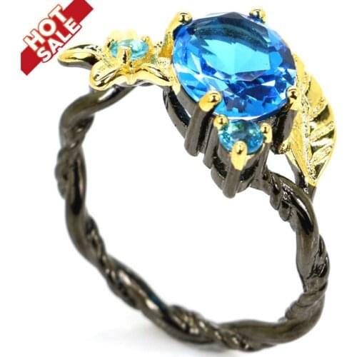 7.75# Vintage Flower Paris Blue Topaz Womans Present Black Gold Silver Ring 20x15mm