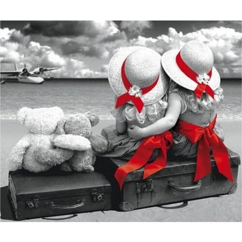 Full Square Diamond 5D DIY Diamond Painting two children on the sea Embroidery Cross Stitch Mosaic Painting Home Decor