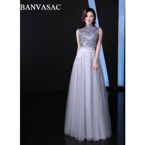 BANVASAC 2018 Lace Appliques High Neck A Line Long Evening Dresses Party Bow Sash Illusion Zipper Back Prom Gowns