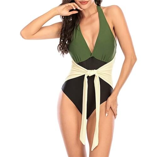 Xingqing Bikini Summer Ladies One-piece Swimsuit Sleeveless Deep V-neck Backless Lace-up Halter Swimwear Beachwear Biquini