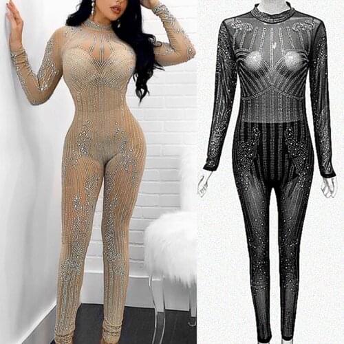 Jazz Costumes Flash Diamond Crystal Mesh Perspective Jumpsuit Womens Clothing Sexy Outfits For Woman Bodysuit Singer DNV11390