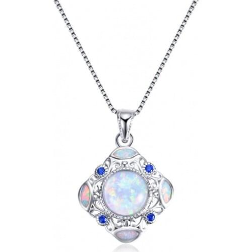 JUNXIN Luxury Female Girl Blue/White Fire Opal Necklaces & Pendants Fashion Silver Color Wedding Necklaces For Women