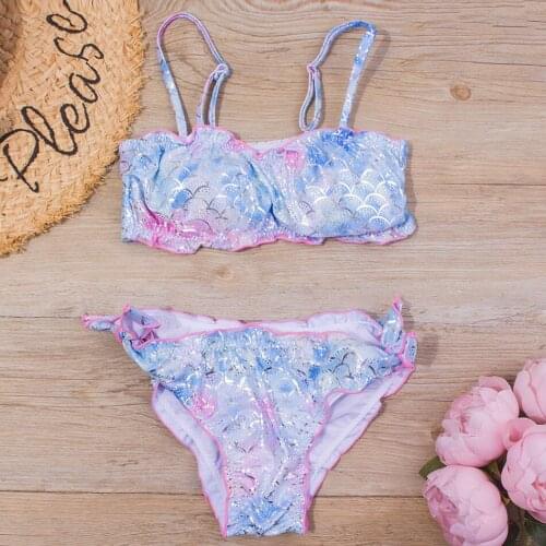 Fish Scale Girl Swimsuit Kids Frill Bandeau Girl Bikini Set Two Piece Childrens Swimwear Tie Dye Girls Bathing Suit Beachwear
