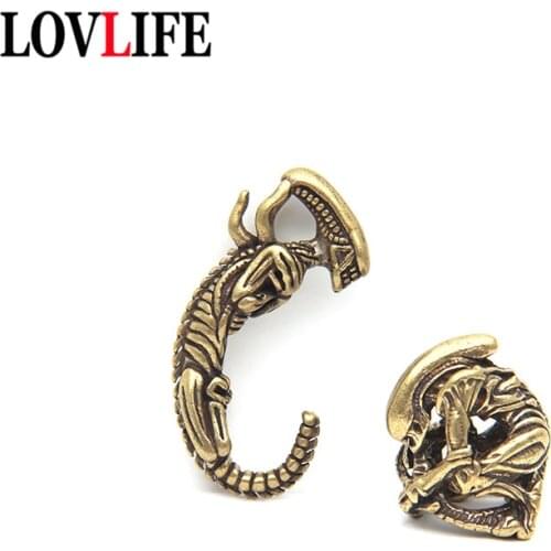 Retro Brass Alien Figurines Key Chain Pendants Jewelry DIY Knife Bead EDC Outdoor Tool Woven Lanyard Keyring Hanging Accessories