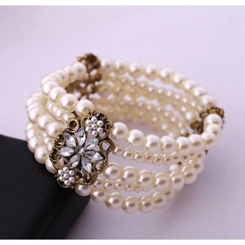 Multi Layered Crystal Faux Pearl Silver Cuff Multistrand Beaded Stretch Bracelet