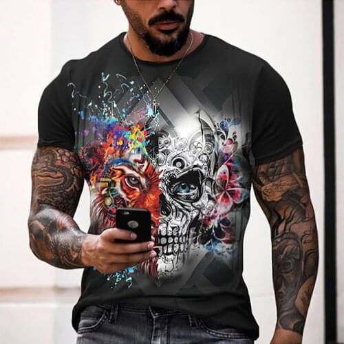 Mens T-shirt with 3D printed skull and zombie pattern, personalized trendy streetwear, oversized summer breathable top