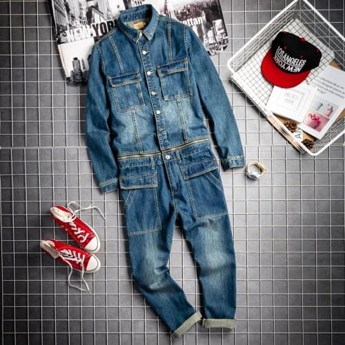 New Spring Fall Mens Vintage Detachable Denim Cargo Overalls HipHop Long Sleeve Tops Straight Pants Rompers Male Jumpsuit