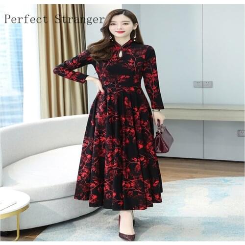 2021 Autumn Winter New Arrival Hot Sale Cheongsam Style Stand Collar Long Sleeve Printed Women Long Dress M-4XL