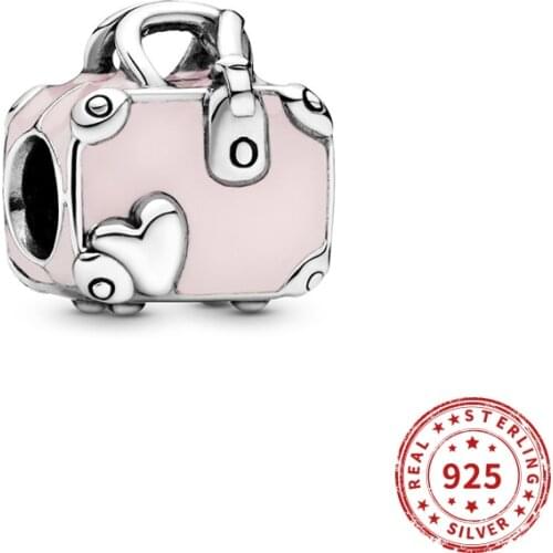 Real 925 Sterling Silver Charms Love Traveling Enamel Pink bead Fit Original Pandora Bead Bracelets Necklace Diy jewelry