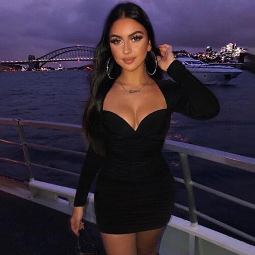 Sexy Long Sleeve V Neck Bodycon Dress Party Club Wear 2021 Autumn Clothes Solid Color Streetwear Pleated Y2k Dress Vestidos