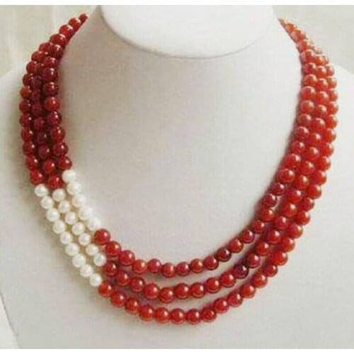 Wonderful 3 Rows Round 8mm Red Ruby and White Pearl Beads Gemstones Necklace