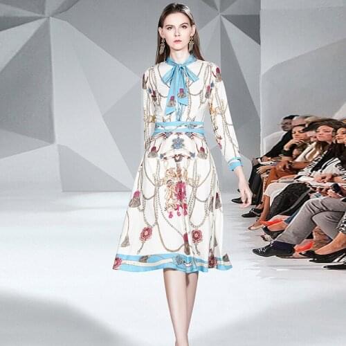 2021 Spring Womens Dress with Bow Collar and A-Line Slim Three Quarter Printed Youthful and vigorous Dress for girls